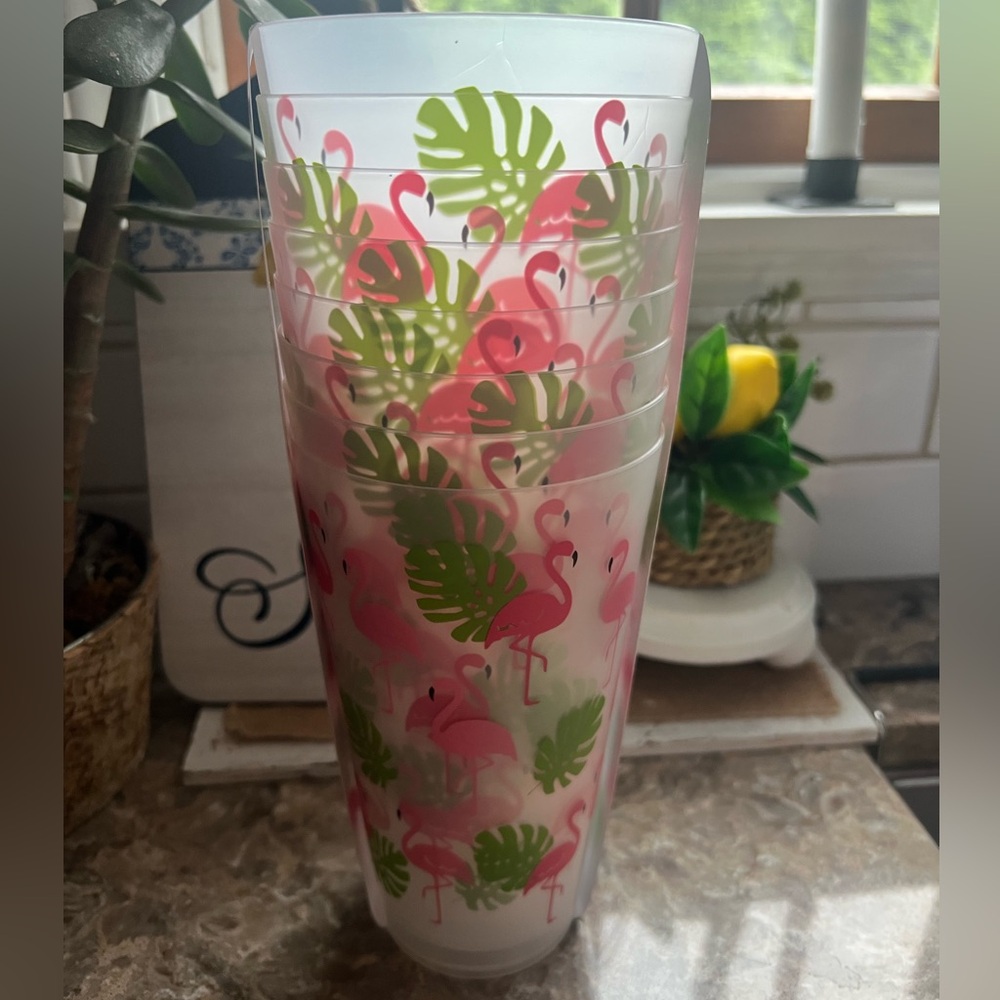 Panama Jack-8 Piece Flamingo and Leaf Print Tumblers NWT- BPA Free  🦩